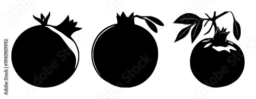 Pomegranate set with whole fruit and stylized healthy eating design featuring superfood, healthy, fruit with antioxidants and organic