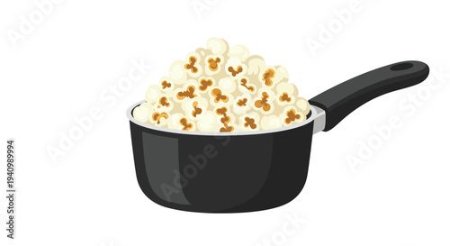 A black saucepan with a single handle is completely filled to the brim with fluffy, freshly popped popcorn.