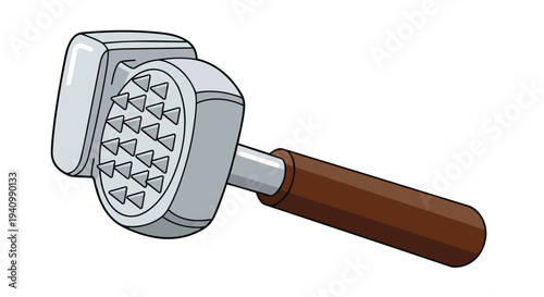 Simple Cartoon Illustration of a Meat Tenderizer with a Textured Surface and Wooden Handle Isolated on White Background