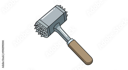 A detailed illustration of a metal meat tenderizer with a wooden handle, showcasing its textured surface and practical design for culinary preparation