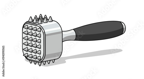 A close-up illustration of a silver meat tenderizer with a black handle against a white background, showcasing its spiked design for culinary