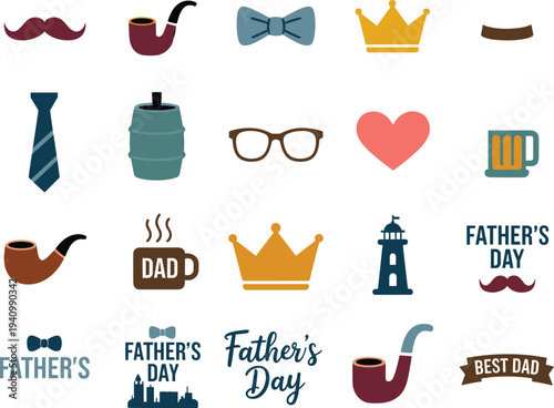 Fathers Day flat icon set, dad lifestyle symbols including moustache, pipe, tie, crown, beer mug and celebration badges