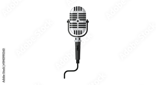 A classic retro microphone design rendered in a clean, modern, vector illustration style against a stark white background