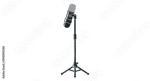 Classic condenser microphone poised on its adjustable stand, a symbol of vocal artistry and audio capture in monochrome elegance