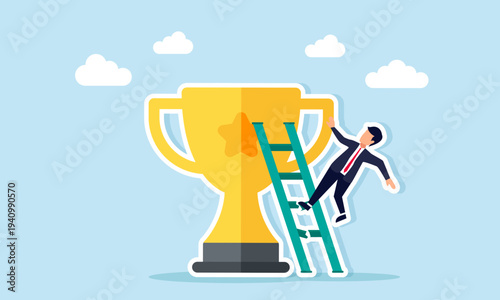 Businessman trying to climb trophy with ladder but falling because the ladder is broken illustration of failure in the attempt to become a leading company