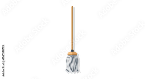 A flat illustration of a clean mop with a wooden handle and white and blue strands against a plain white background