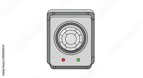 Minimalist flat illustration of a modern surveillance camera with red and green indicator lights on a clean white background