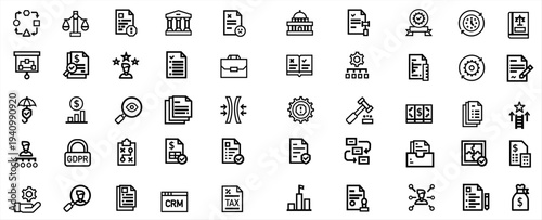 Mega set of 50 business and legal line icons. Black vector symbols for law, tax, GDPR, CRM, finance, and corporate management.