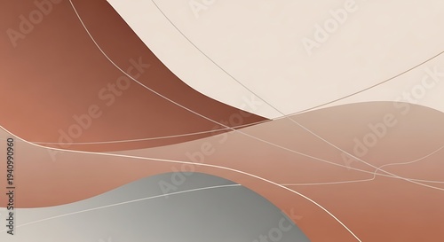 A serene abstract composition features flowing, layered shapes in warm, muted tones of brown, beige, and gray, with subtle, thin white lines