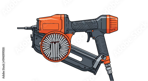 Precision Pneumatic Coil Nailer Tool Illustration Featuring a Circular Magazine Loaded With Numerous Nails for Efficient Construction Work