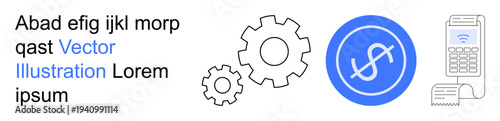 Financial technology, online transactions, payment security, e-commerce solutions, fintech operations, digital payments. Gears, a dollar icon and a payment machine are displayed. Financial