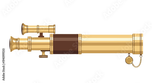 Vintage brass spyglass with intricate detailing and a small attached chain and disc, symbolizing exploration and discovery