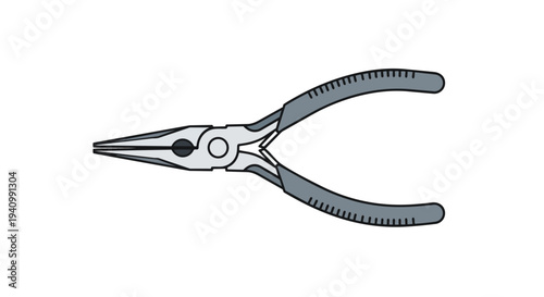 Close-up illustration of a pair of long-nosed pliers against a stark white background, showcasing its metallic precision and ergonomic grip.