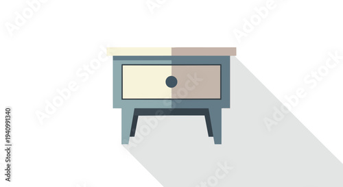Minimalist illustration of a single drawer nightstand with a long shadow, perfect for interior design concepts