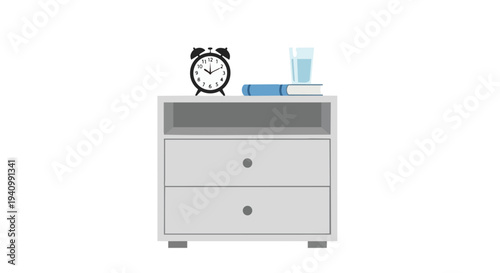 A Minimalist Bedside Table Featuring an Alarm Clock, Book, and Glass of Water on a Clean White Background