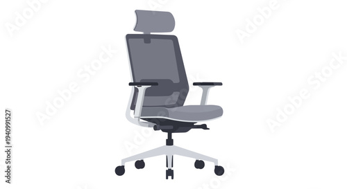 Ergonomic modern office chair with headrest and adjustable armrests, isolated on a plain white background for easy graphic integration