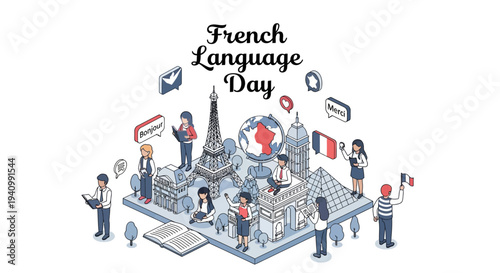 Illustration of people celebrating French Language Day with iconic Parisian landmarks and symbols in a colorful, stylized design.