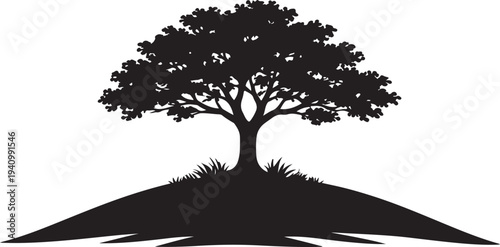 Lone Tree on Hill Silhouette Minimal Nature Landscape Vector Illustration