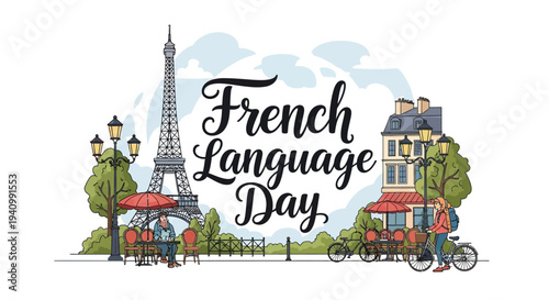 Illustration of French Language Day celebration with Eiffel Tower, rickshaw, and buildings in a vibrant, vector-style artwork with a joyful mood.