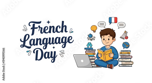 Illustration of a young boy celebrating French Language Day with a laptop and books, surrounded by speech bubbles and French symbols on a white background.