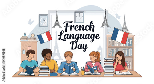 Illustration of diverse students celebrating French Language Day with books and flags in a classroom setting with a Parisian backdrop.