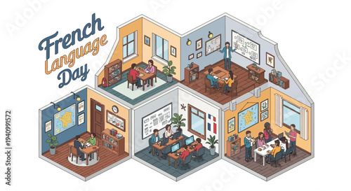 Isometric illustration of a French Language Day celebration with people learning and teaching in different rooms of a building.