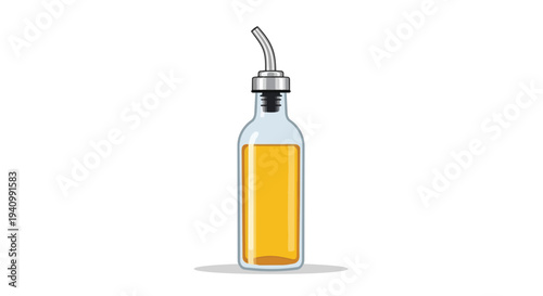 Transparent bottle with golden liquid and dispensing spout isolated on a white background