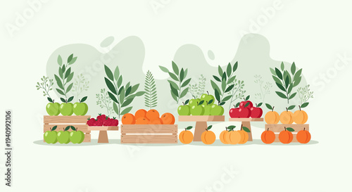 Abundant Fresh Fruits Displayed in Wooden Crates with Greenery Background