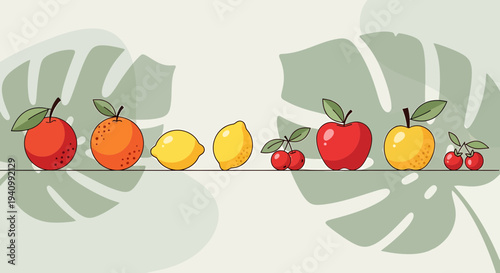 Assorted Fresh Fruits Lined Up on a Light Background with Tropical Leaves