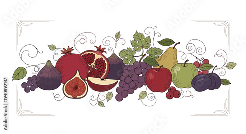 Assortment of Fresh Fruits and Berries Decorative Border