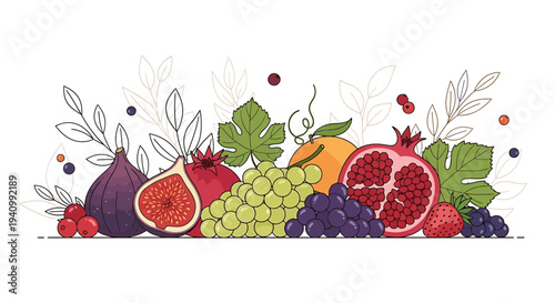 Assortment of Fresh Fruits: Figs, Grapes, Pomegranates, Orange, Berries, and Leaves