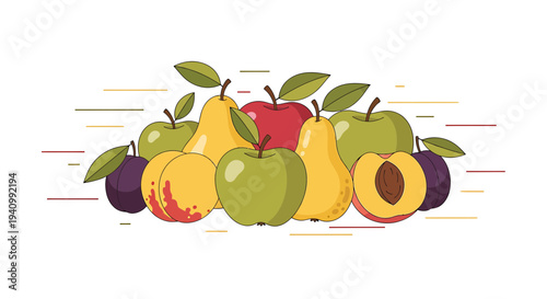 Assortment of Fresh Fruits: Apples, Pears, Peaches, and Plums on a White Background