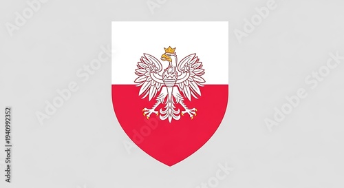 A heraldic shield, divided horizontally, white above red, displaying a crowned, white eagle in the center