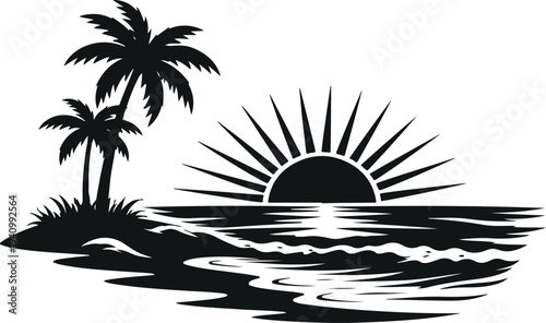 Tropical Island Sunset Silhouette with Palm Trees and Ocean Waves Vector Landscape