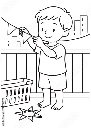 coloring book page boy hanging decorative flags and paper stars on the balcony