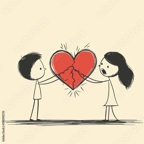 A stick figure couple, a man and a woman, are angrily pulling apart a broken red heart, illustrating the pain and conflict of a breakup or relationship problems