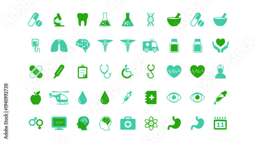 Flat healthcare icons featuring lungs, syringe, pills, stethoscope, heart, and medical symbols.
