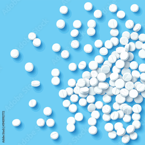 Collection of white round medicinal tablets or pills scattered on solid blue surface for healthcare and pharmacy concept. , vector style simple color