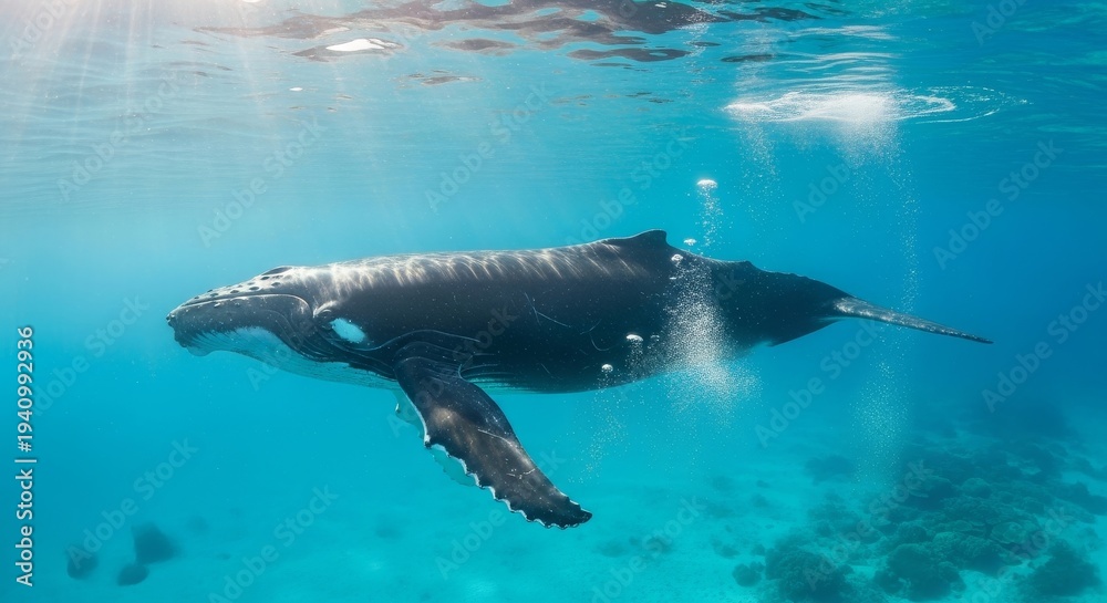 Fototapeta premium Majestic humpback whale exhales in clear blue ocean water with sunbeams filtering through.