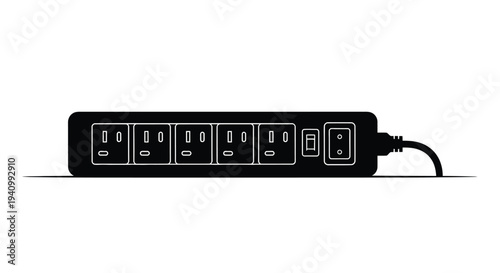 Black and white illustration of a power strip with multiple outlets