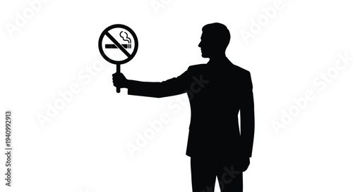 Silhouette of a man holding a no smoking sign against a white background