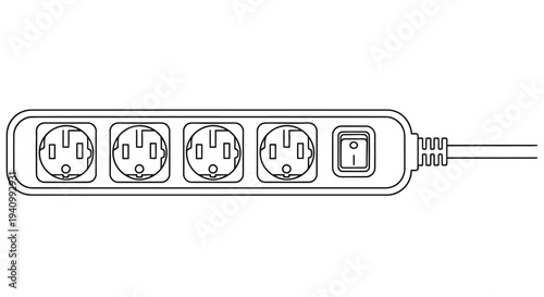 Illustration of a white power strip with six outlets and a power cord