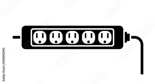 Black and white illustration of a power strip with multiple outlets and a cord