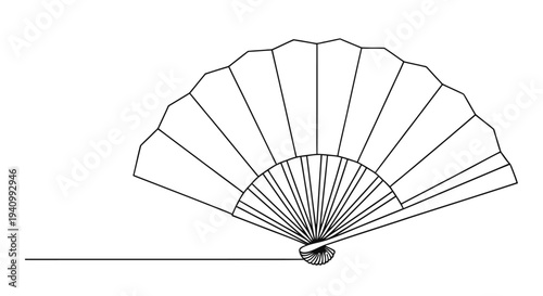 Line art illustration of a partially open handheld folding fan on a white background