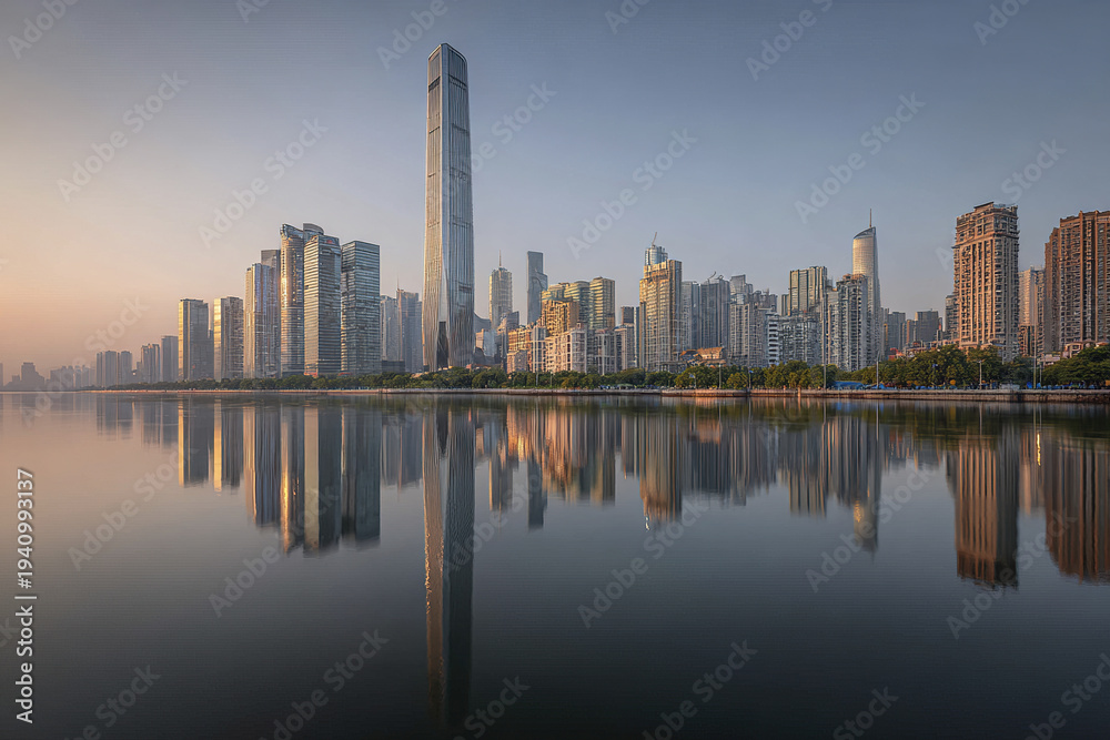 Obraz premium Modern city skyline with tall skyscraper reflecting on calm water at sunset, showcasing contemporary architecture and urban landscape with clear sky and peaceful atmosphere