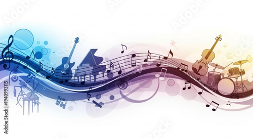 Music instruments and notes on colorful wavy staff symbolizing harmony and melody in a creative gradient background