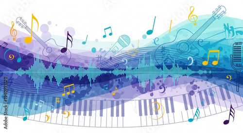 Vibrant music composition with piano keyboard and colorful musical notes on sound wave background
