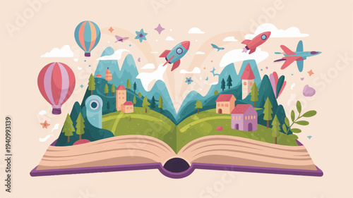 Open book with fantasy landscape hot air balloons and planes flying above mountains and trees