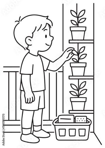 coloring book page boy tending a vertical plant shelf on the balcony