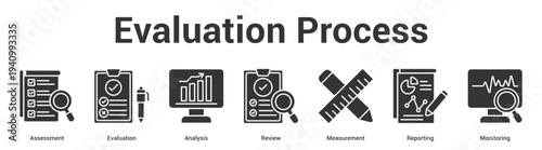 Evaluation Process web banner icon set vector illustration concept for business with icon of Assessment, Evaluation, Analysis, Review, Measureme.